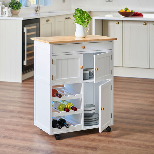 Compact Kitchen Trolley with Wine Rack & Storage – White MDF & Rubber Wood Top