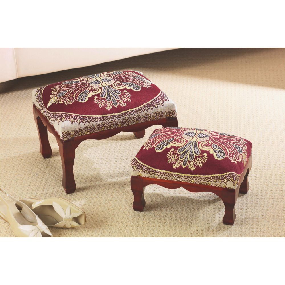 Elegant Nesting Footstools – Set of 2 Upholstered Ottoman Stools with Mahogany Legs