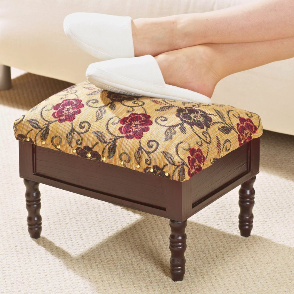 Floral Upholstered Storage Footstool – Compact Wooden Ottoman with Hidden Compartment
