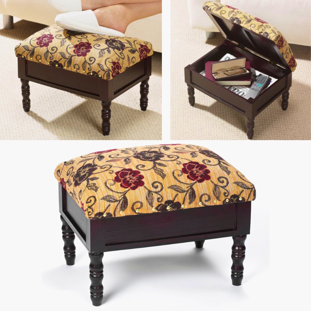 Floral Upholstered Storage Footstool – Compact Wooden Ottoman with Hidden Compartment