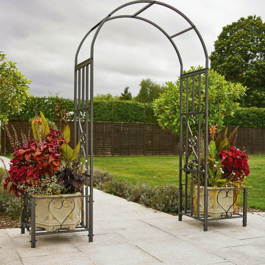 Huntingdon Ornamental Garden Arch with Planters – Decorative Steel Frame in Gunmetal Grey