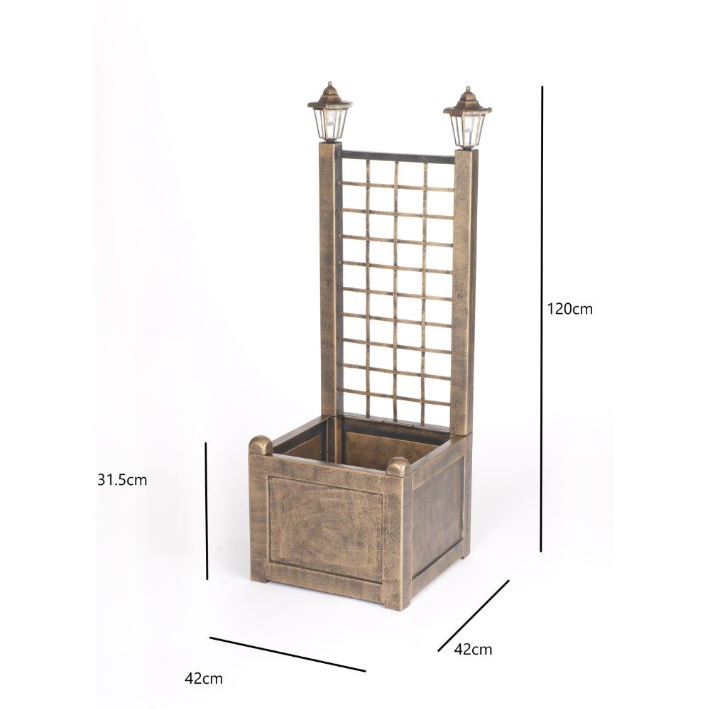 Elegant Bronze Solar Trellis Planter with Lantern – 120cm Height