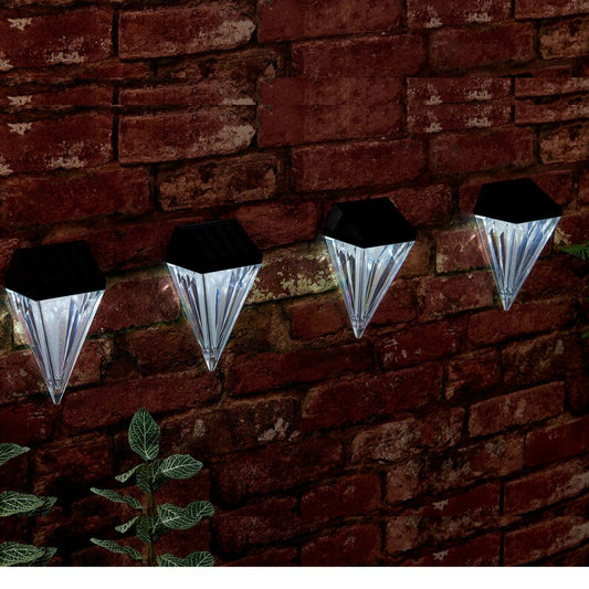 Pack of 4 Solar Diamond Wall Lights – White LED Garden Fence & Step Lights
