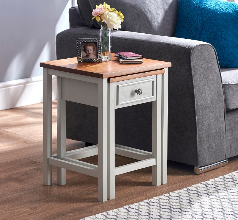 Set of 2 White and Oak-Effect Nesting Tables with Drawer – Space-Saving Design
