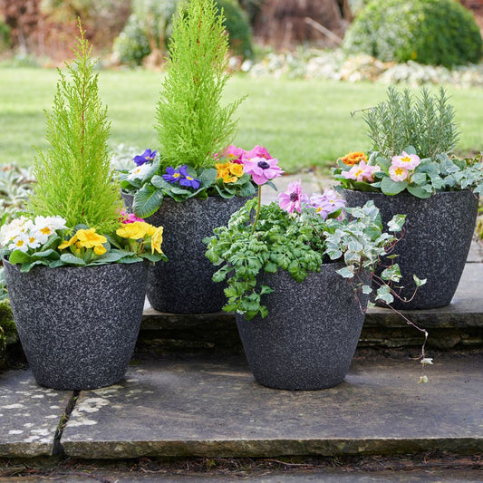 Pack of 4 Lightweight Black Granite Effect Garden Planters – Outdoor Pots