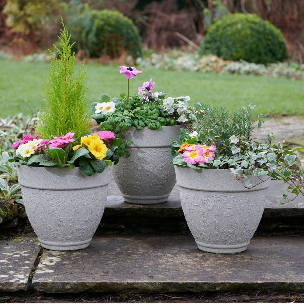 Pack of 3 Floral Sandstone Effect Planters – Weather-Resistant Outdoor Garden Pots