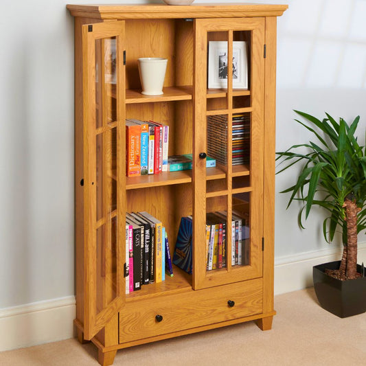 Wood Effect Display Cabinet with Drawer – Adjustable Shelves & Perspex Doors in Oak or Mahogany
