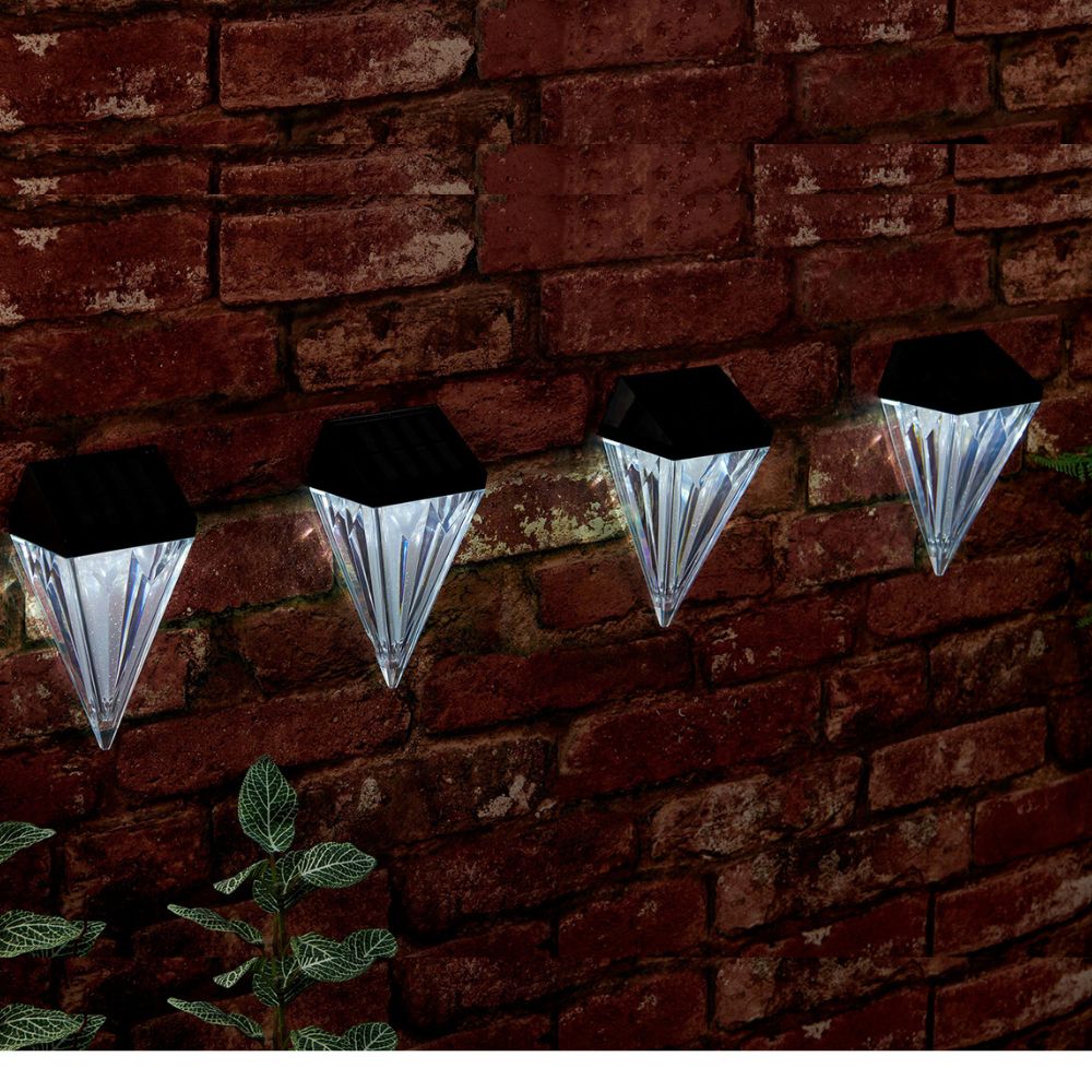 Pack of 4 Solar Diamond Wall Lights – White LED Garden Fence & Step Lights