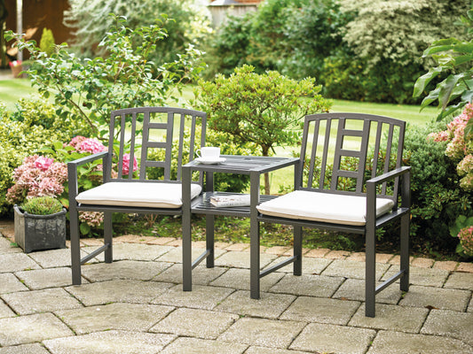Hartlebury Rustic Bronze Duo Garden Bench with Central Table – Steel Companion Seat with Parasol Hole