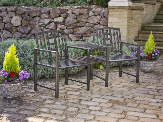 Hartlebury Rustic Bronze Duo Garden Bench with Central Table – Steel Companion Seat with Parasol Hole