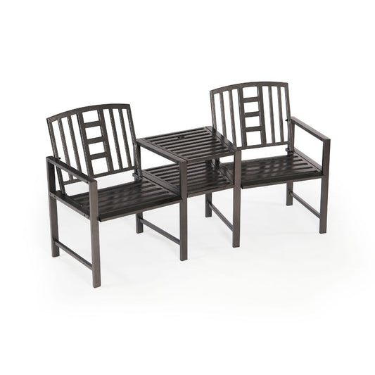Hartlebury Rustic Bronze Duo Garden Bench with Central Table – Steel Companion Seat with Parasol Hole