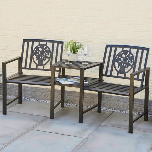 Coalbrookdale Duo Garden Bench with Central Table – Cast Iron & Steel Companion Seat in Antique Bronze