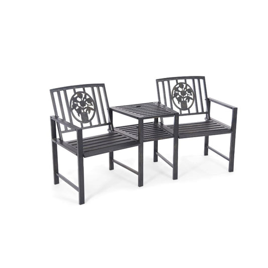 Coalbrookdale Duo Garden Bench with Central Table – Cast Iron & Steel Companion Seat in Antique Bronze