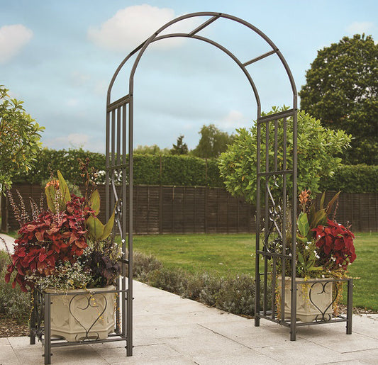 Huntingdon Ornamental Garden Arch with Planters – Decorative Steel Frame in Gunmetal Grey