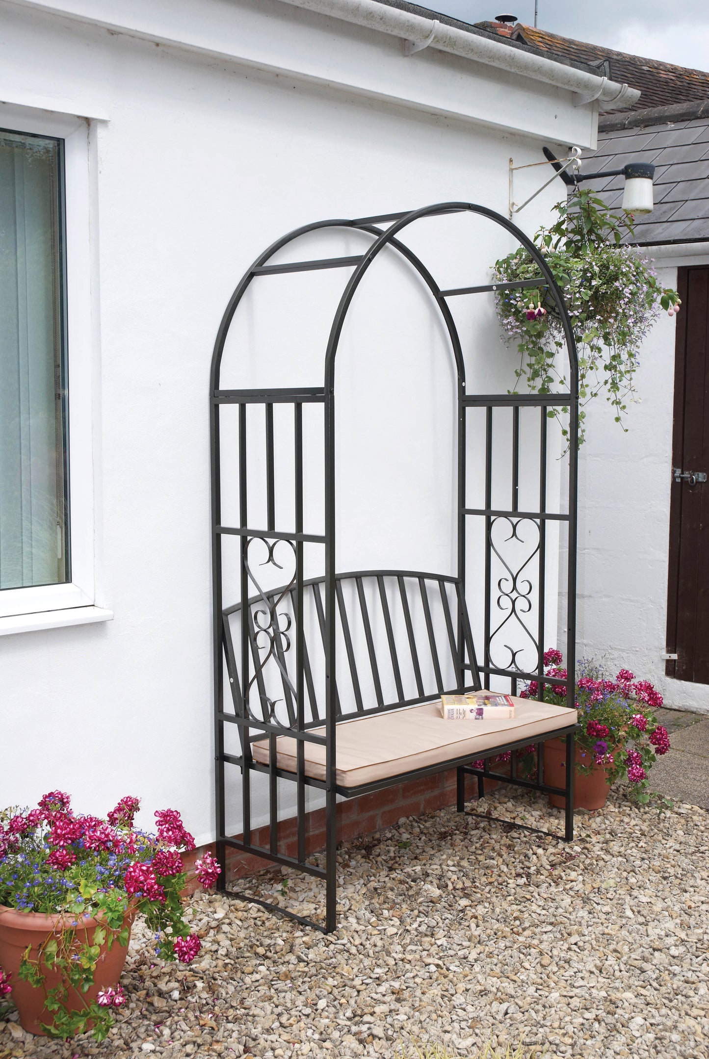 Huntingdon Garden Arch with Bench and Cushion – Steel Frame Seating in Gun Metal Grey