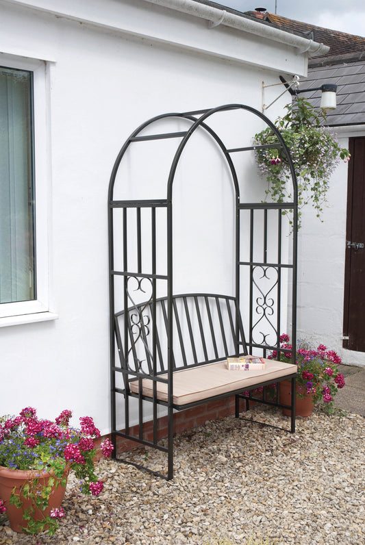 Huntingdon Garden Arch with Bench and Cushion – Steel Frame Seating in Gun Metal Grey