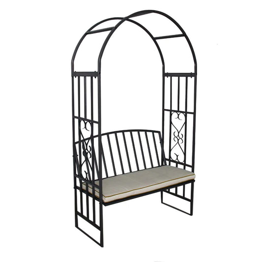 Huntingdon Garden Arch with Bench and Cushion – Steel Frame Seating in Gun Metal Grey