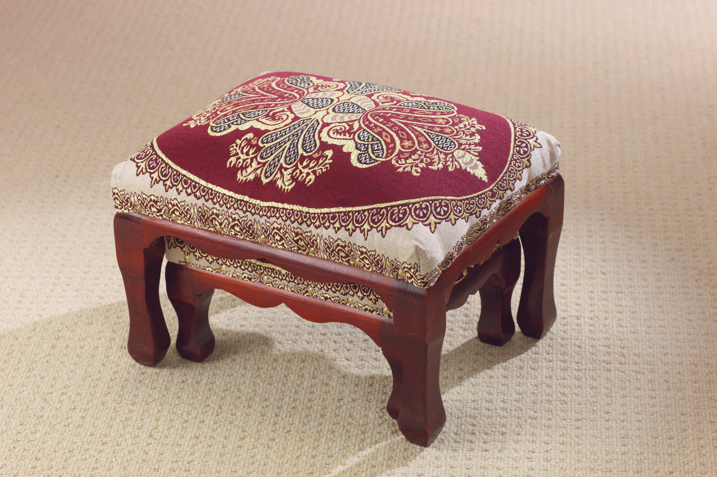 Elegant Nesting Footstools – Set of 2 Upholstered Ottoman Stools with Mahogany Legs