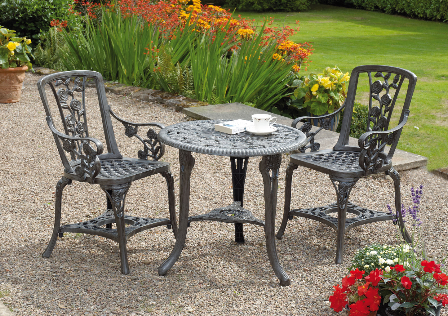 3-Piece Rose Bistro Patio Set with Armchairs – Lightweight UV-Stabilised Outdoor Furniture in Antique Bronze or Gunmetal Grey