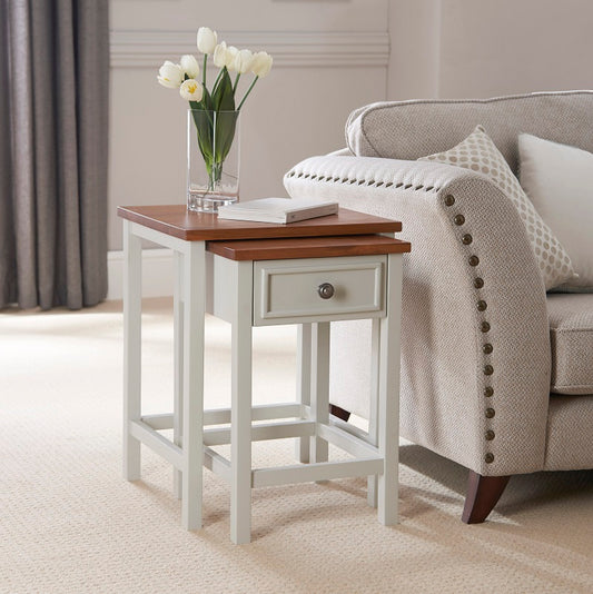 Set of 2 White and Oak-Effect Nesting Tables with Drawer – Space-Saving Design