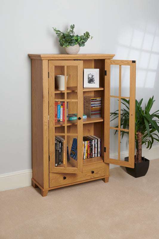 Wood Effect Display Cabinet with Drawer – Adjustable Shelves & Perspex Doors in Oak or Mahogany