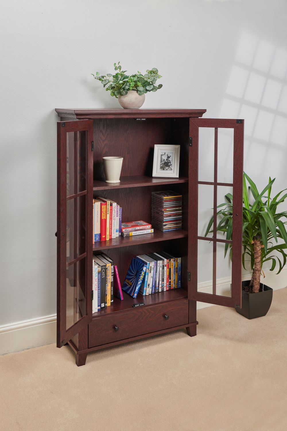 Wood Effect Display Cabinet with Drawer – Adjustable Shelves & Perspex Doors in Oak or Mahogany