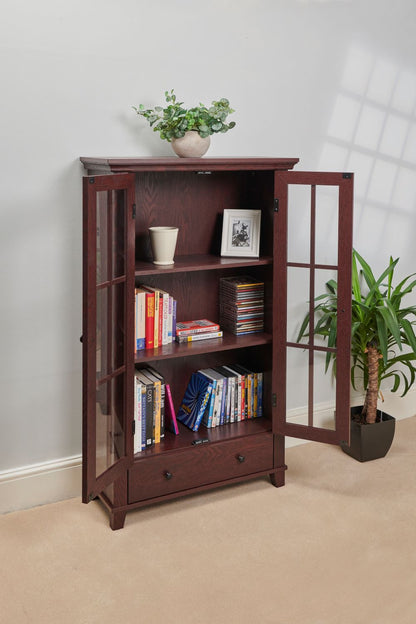 Wood Effect Display Cabinet with Drawer – Adjustable Shelves & Perspex Doors in Oak or Mahogany