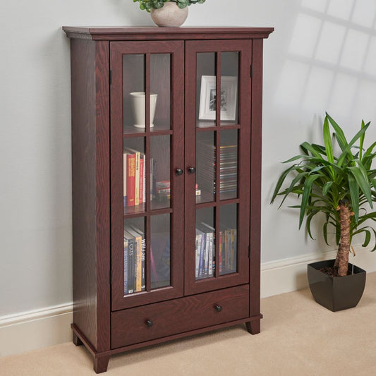 Wood Effect Display Cabinet with Drawer – Adjustable Shelves & Perspex Doors in Oak or Mahogany