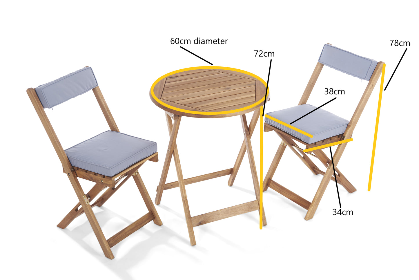Raffles Foldable Acacia Hardwood Bistro Set with Cushions – 2 Chairs & Round Table in Chestnut, White, or Natural Finish