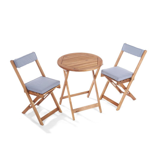 Raffles Foldable Acacia Hardwood Bistro Set with Cushions – 2 Chairs & Round Table in Chestnut, White, or Natural Finish