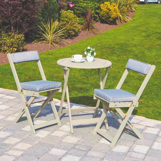 Raffles Foldable Acacia Hardwood Bistro Set with Cushions – 2 Chairs & Round Table in Chestnut, White, or Natural Finish