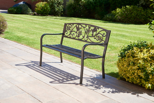 Hummingbird 2-Seater Garden Bench – Rustic Bronze Cast Iron Backrest with Floral & Bird Design