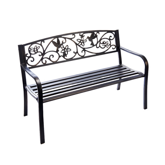 Hummingbird 2-Seater Garden Bench – Rustic Bronze Cast Iron Backrest with Floral & Bird Design