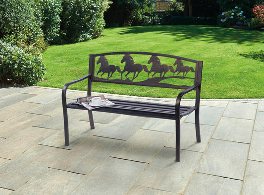 Horse Design 2-Seater Garden Bench – Cast Iron Backrest with Galloping Horses in Antique Bronze Finish
