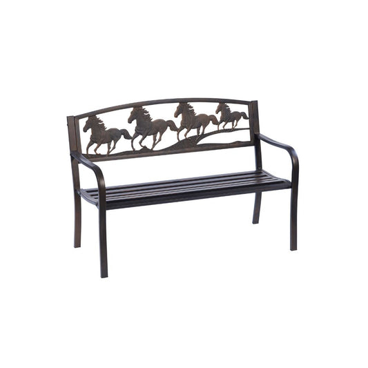 Horse Design 2-Seater Garden Bench – Cast Iron Backrest with Galloping Horses in Antique Bronze Finish