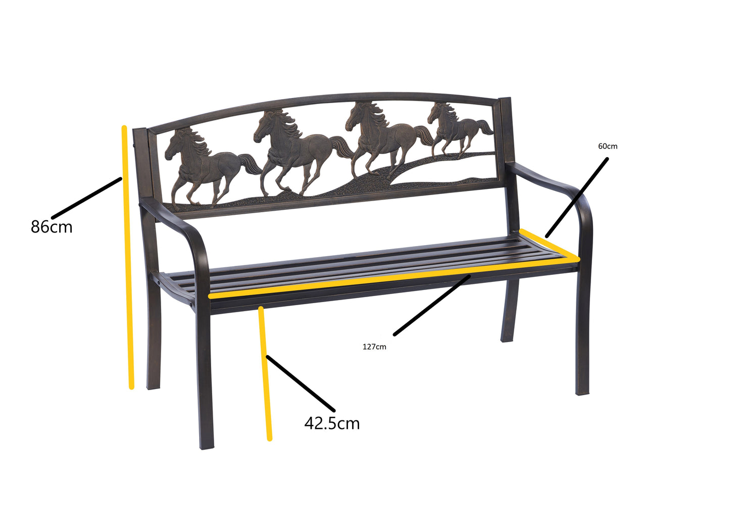 Horse Design 2-Seater Garden Bench – Cast Iron Backrest with Galloping Horses in Antique Bronze Finish