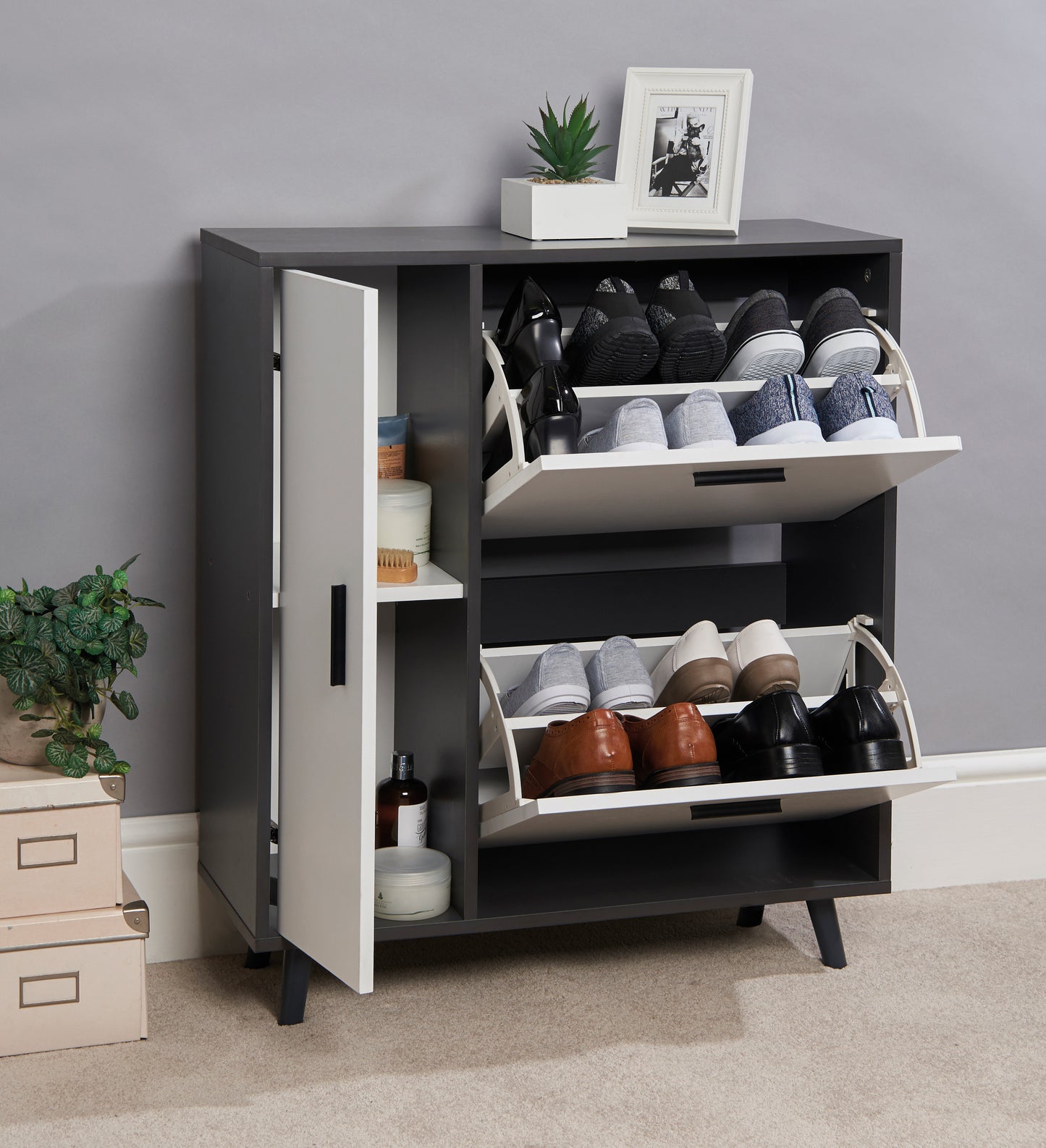 Modern Grey & White Shoe Storage Cabinet with Cupboard – Holds 10+ Pairs