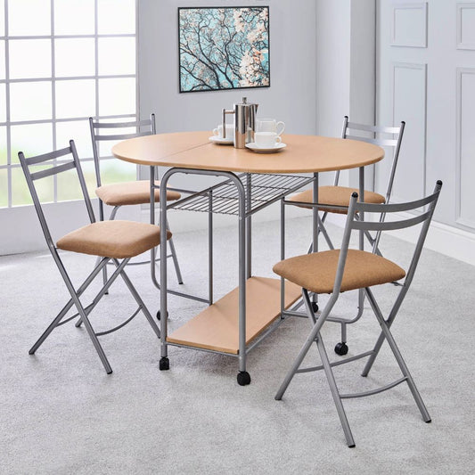 Stowaway Folding 4-Seater Dining Set with Drop-Leaf Table – Space-Saving Design