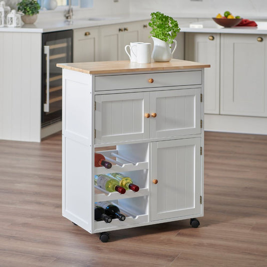 Compact Kitchen Trolley with Wine Rack & Storage – White MDF & Rubber Wood Top