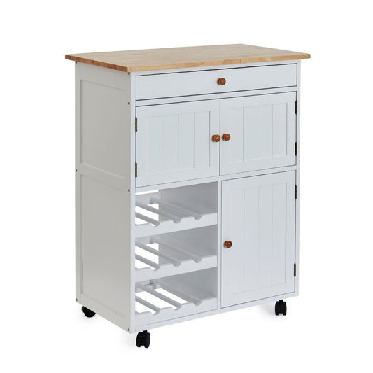 Compact Kitchen Trolley with Wine Rack & Storage – White MDF & Rubber Wood Top