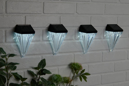 Pack of 4 Solar Diamond Wall Lights – White LED Garden Fence & Step Lights