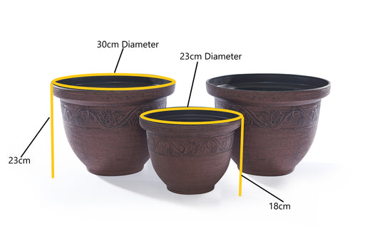 Pack of 3 Brown Antique-Style Planters – Vintage Garden Pots Set