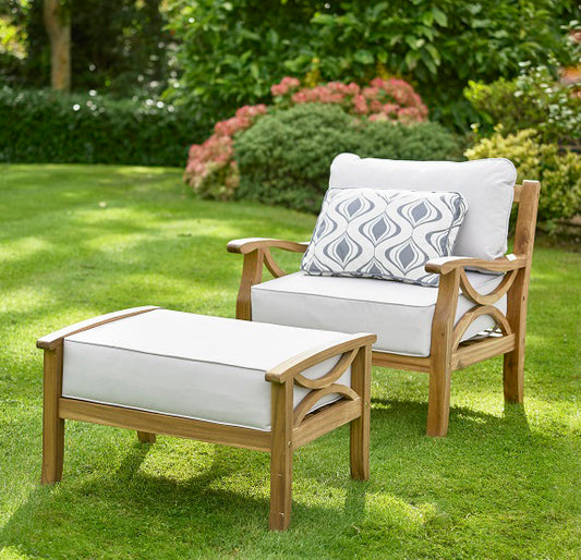 Sorrento Hardwood Armchair with Footstool – Rubberwood Outdoor Lounge Set with 15cm Cushions in Natural or Light Grey