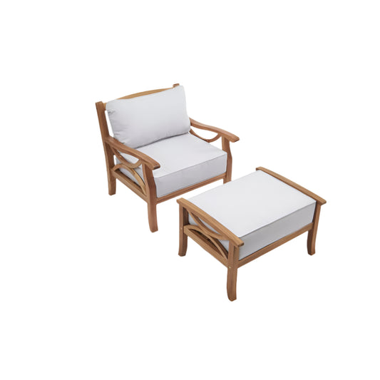 Sorrento Hardwood Armchair with Footstool – Rubberwood Outdoor Lounge Set with 15cm Cushions in Natural or Light Grey