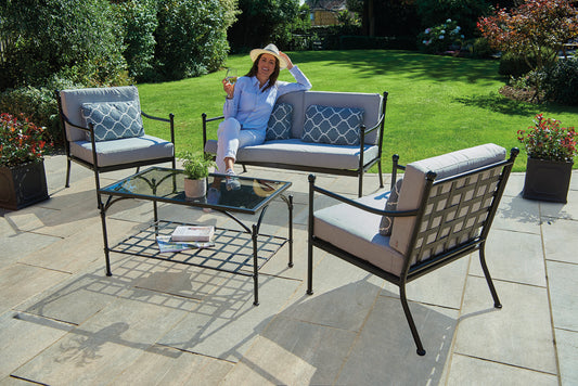 Doverdale Outdoor Steel Sofa Set with Cushions & Glass Coffee Table – Elegant Garden or Conservatory Seating