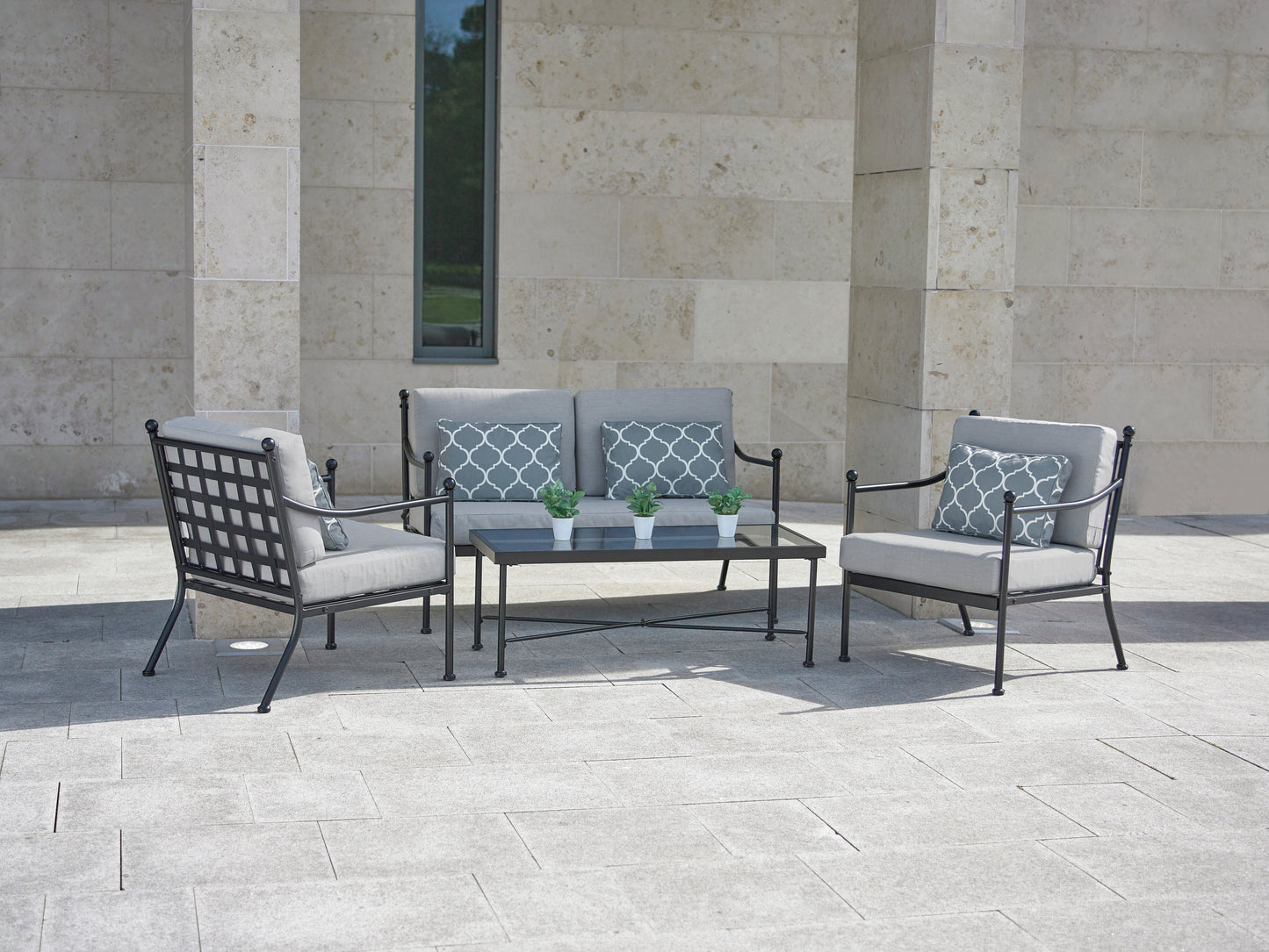 Doverdale Outdoor Steel Sofa Set with Cushions & Glass Coffee Table – Elegant Garden or Conservatory Seating