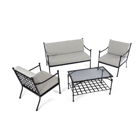 Doverdale Outdoor Steel Sofa Set with Cushions & Glass Coffee Table – Elegant Garden or Conservatory Seating