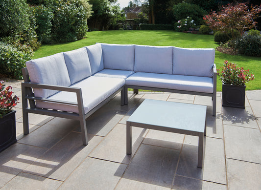 Oakley Grey Aluminium Outdoor Corner Sofa Set with Cushions & Glass-Top Coffee Table