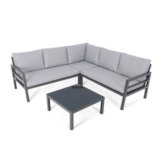 Oakley Grey Aluminium Outdoor Corner Sofa Set with Cushions & Glass-Top Coffee Table