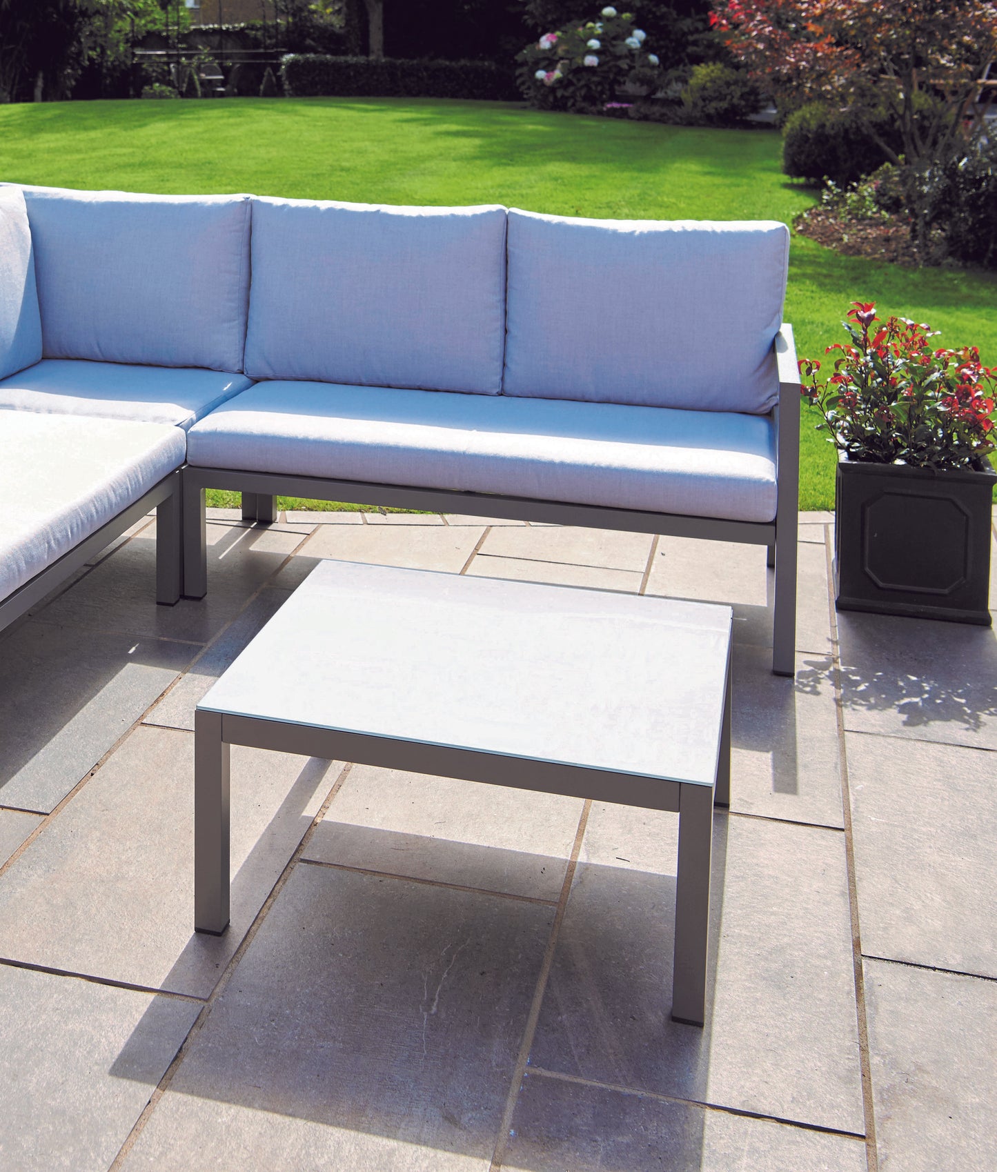 Oakley Grey Aluminium Outdoor Corner Sofa Set with Cushions & Glass-Top Coffee Table